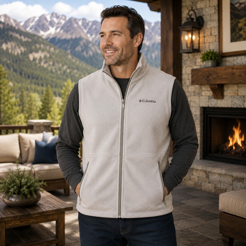 Columbia Men's Large Beige Fleece Vest Gorpcore Outdoor Hiking Dadcore Outdoorsy